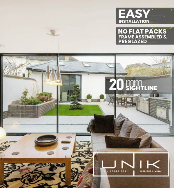 Unikdoors Twenty Slide aluminium sliding doors with ultra-slim 20mm sightlines, providing panoramic views and high thermal efficiency for modern homes.