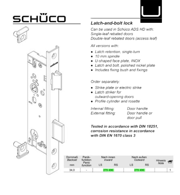 279496 Schuco Bolt/Latch Lock 34mm Backset - Heavy Duty Commercial Door Security
