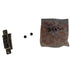Metal lock component, two black screws, and a plastic bag with text on a white background