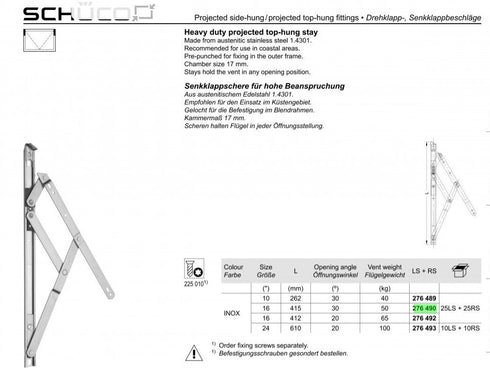 Schueco Heavy Duty Projected Top and Side Window Friction HingeStainless 276490-Sold as 1 Pair