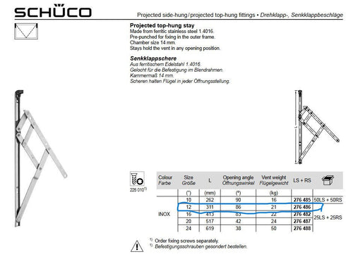 Schueco Heavy Duty Projected top Window Friction Hinge Stays Stainless 276486