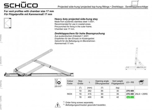 Schueco Heavy Duty Projected Side Window Friction HingeStainless 276499-Sold as 1 Pair