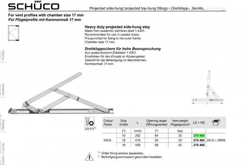Schueco Heavy Duty Projected Top and Side Window Friction Hinge Stainless 276489-Sold as 1 Pair
