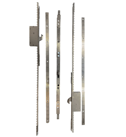 Set of metal door hardware components on a white background