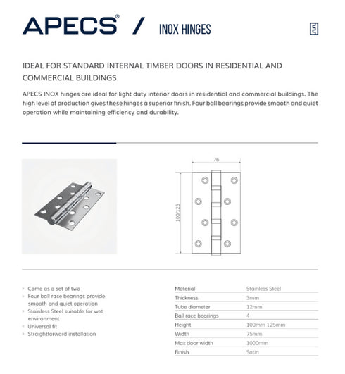 Advertisement for APECS INOX hinges with product image and specifications on a white background