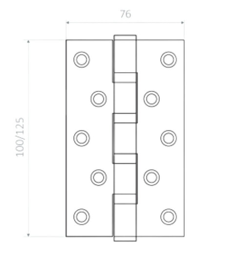 Technical drawing of a metal hinge with dimensions labeled