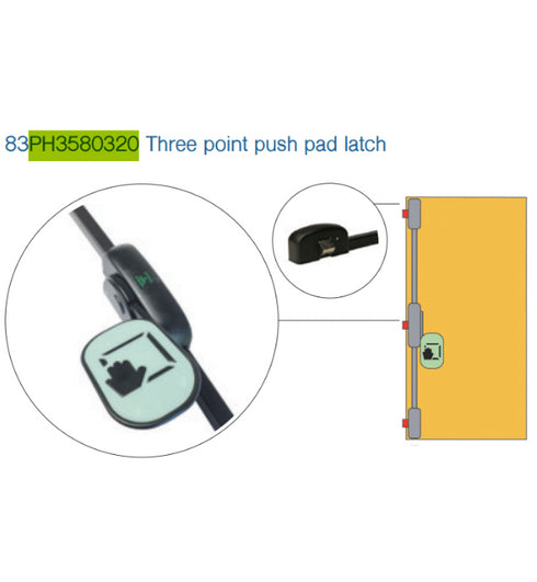 Three-point push pad latch with close-up details on a white background