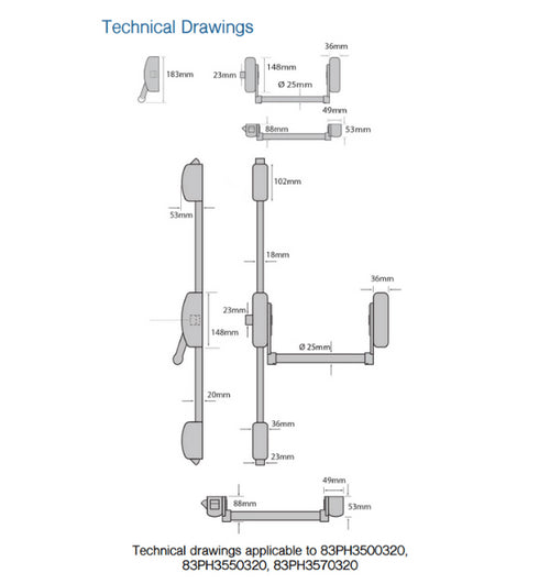 Technical drawings of a mechanical component with dimensions on a white background