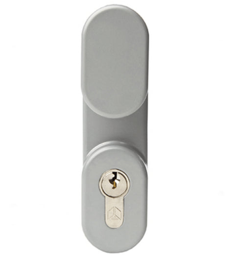 Gray door handle with keyhole on a white background