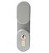 Gray door handle with keyhole on a white background