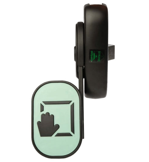 Handheld electronic device with a green light and black casing on a white background