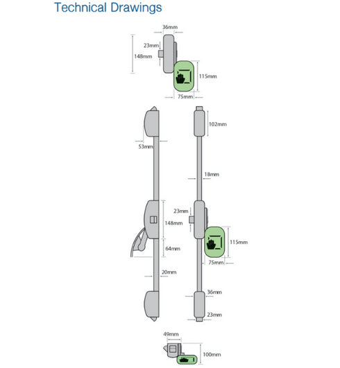 Alpro 3 Point Push Pad PH3580320 - 3 Point Push Pad Latch SILVER EPS