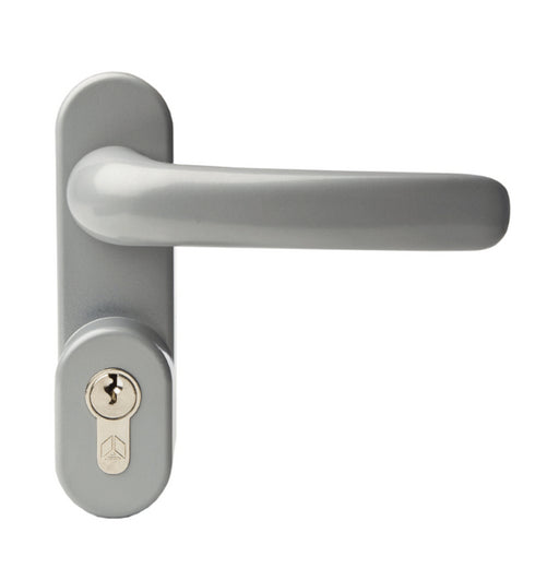 Gray door handle with gold lock on a white background