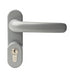 Gray door handle with gold lock on a white background