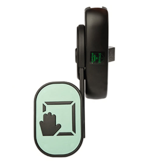 Handheld electronic device with a green display and black casing on a white background