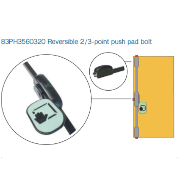 Reversible 2/3-point push pad bolt with illustrations on a white background