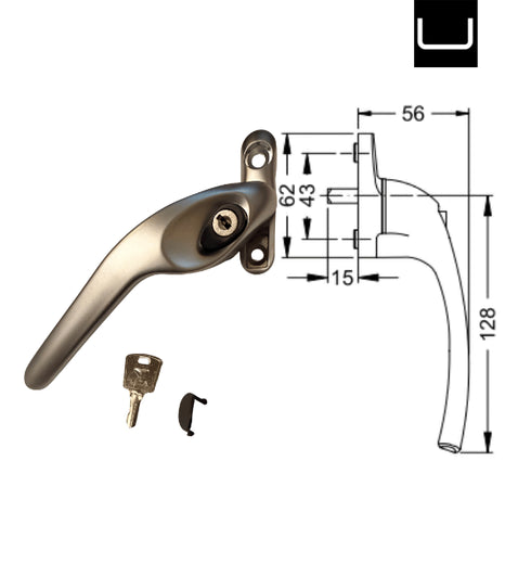 Cortizo Silver Left Hand Window Handle -Cortizo 373844 With Key -1 No
