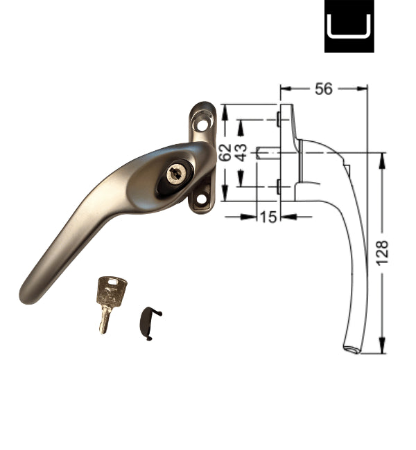 Cortizo Silver Left Hand Window Handle -Cortizo 373844 With Key -1 No