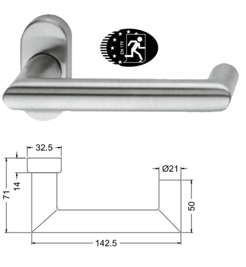 Stainless steel door handle with dimensions and certification logo on a white background