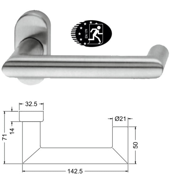 Stainless steel door handle with dimensions and certification logo on a white background