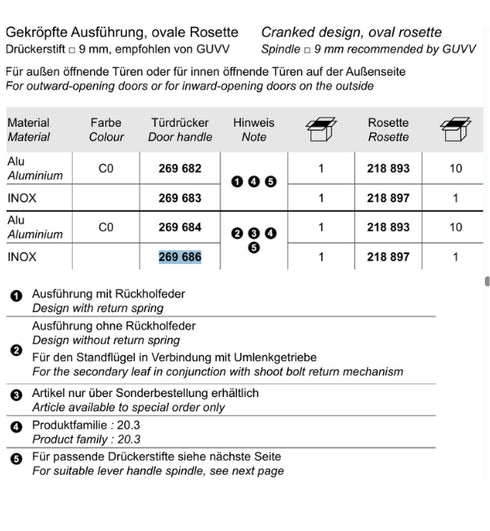 Schuco 269686 Door Handle Stainless Steel - Cranked without Return Spring