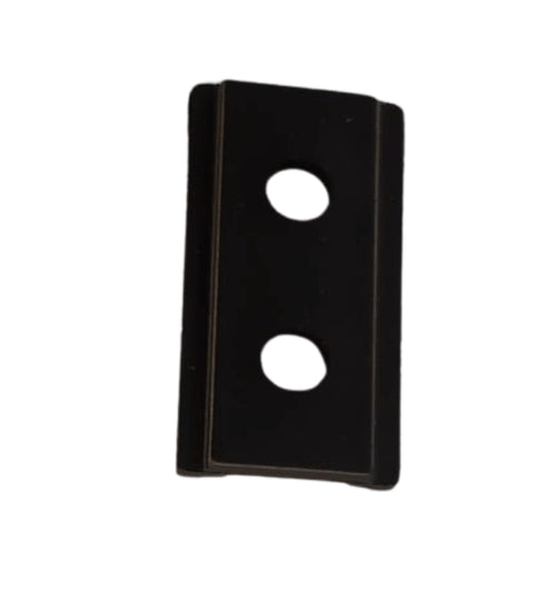 Black metal bracket with two holes on a white background