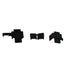 Three black plastic brackets on a white background