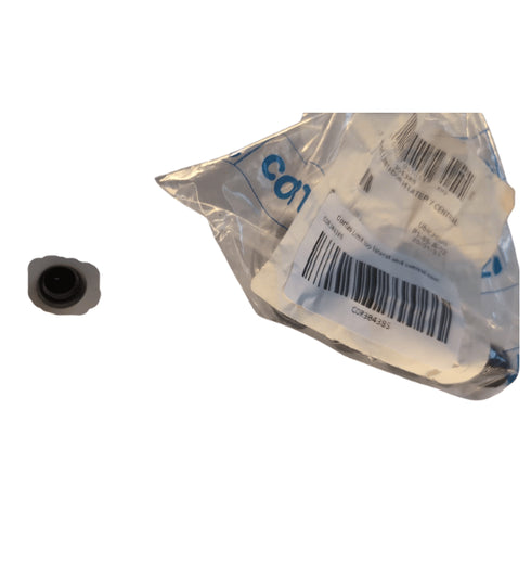 Clear plastic packaging with barcode labels and a black cylindrical object on a white background