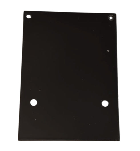 Black rectangular metal plate with holes on a white background