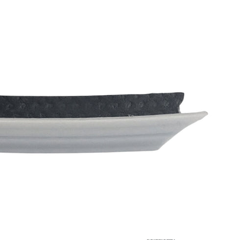 Close-up of a white and black architectural trim piece on a white background