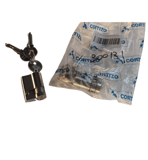 Lock mechanism with keys and a clear plastic bag labeled 'Cortizo' on a white background