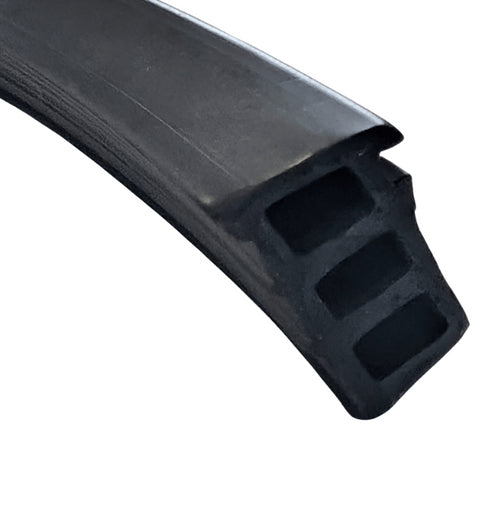 Black rubber strip with a ribbed surface on a white background