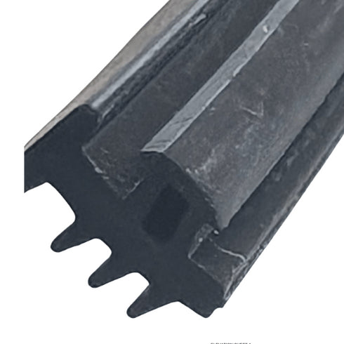 Close-up of a black metal profile with teeth on a white background