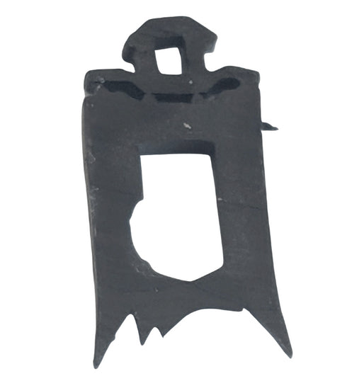 Black metal tool with a unique design on a white background