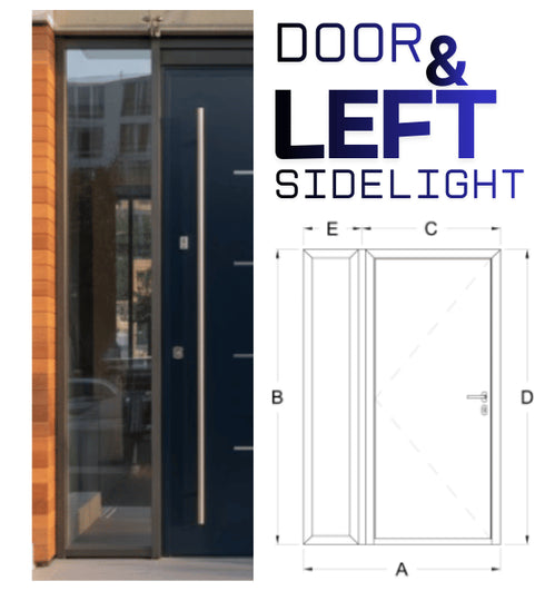 Modern door with left sidelight and measurements diagram on a white background