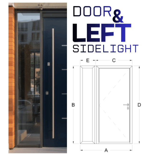 Modern door with left sidelight and measurements diagram on a white background