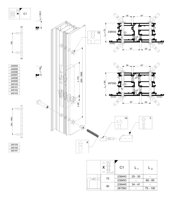 Schuco 267593-Fixing Kit Type C1 for Schuco Angled Pull Door Handle on Schuco AD UP 90