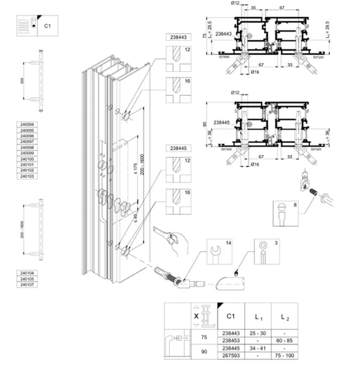 Schuco 238443-Pair of Fixing Kit Type C1 for Schuco Angled Pull Door Handle on Schuco AD UP 75