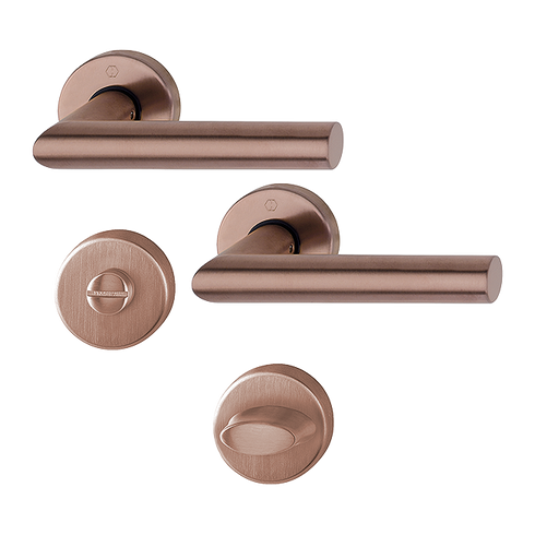 Hoppe Amsterdam stainless steel bathroom handle set on rose, copper satin Resista finish, article 11717063