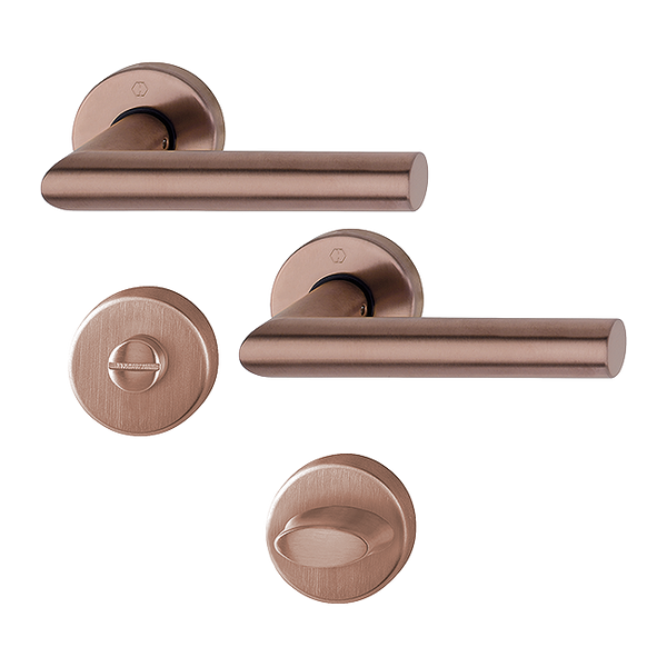 Hoppe Amsterdam stainless steel bathroom handle set on rose, copper satin Resista finish, article 11717063