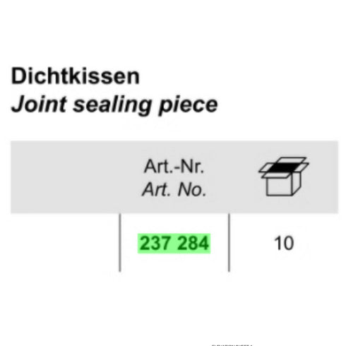 Label for a joint sealing piece with product name, art number, and box icon.
