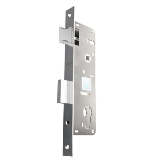 Metal door lock mechanism on a white background