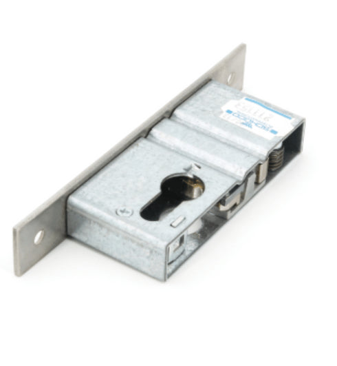 Metal door lock mechanism on a white background