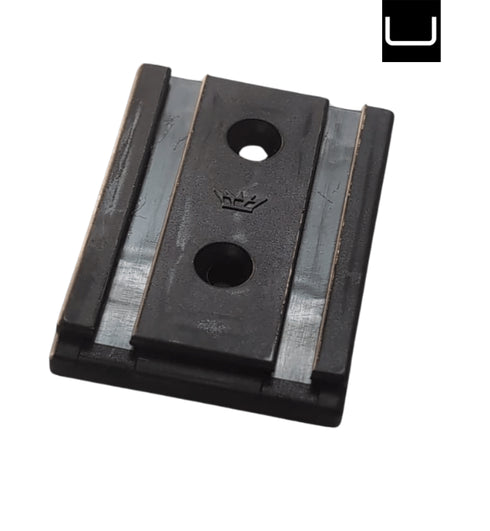Black metal bracket with two holes on a white background