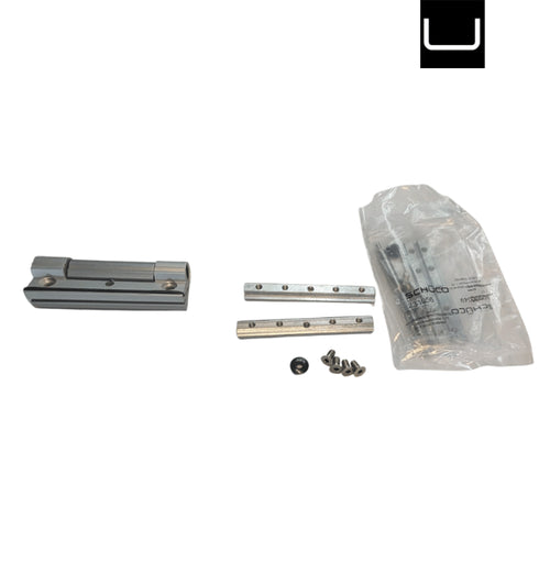 Mechanical components including a bracket, linear guide, and screws on a white background