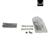 Mechanical components including a bracket, linear guide, and screws on a white background