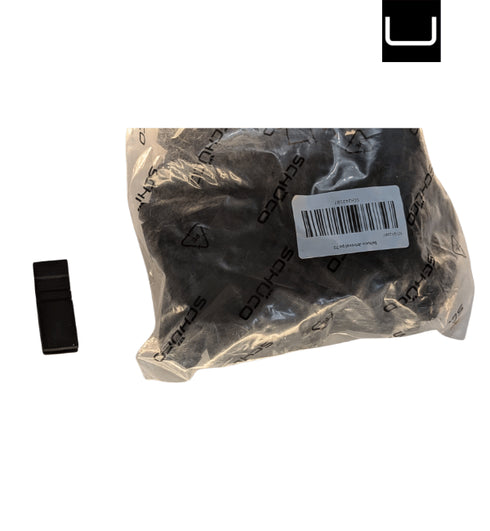 Bag of black rubber gaskets with a barcode label on a white background