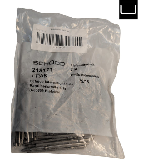 Bag of screws with Schüco branding on a white background