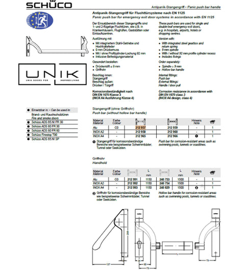 Schuco 212993 Inox A4 1150mm Hollow Handle Bar -S.Steel A4- Suitable for Swimming Pools
