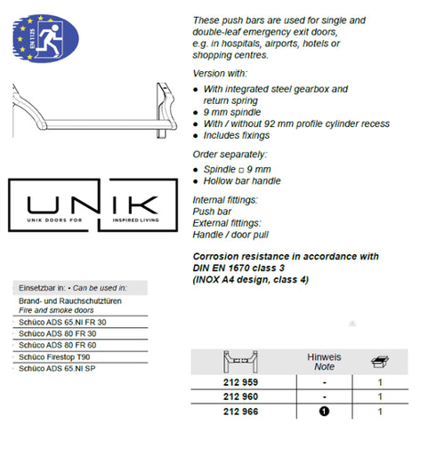 Schuco 212959 Push Bar (without hollow bar handle) Alu- Aluminium Panic Bar Mechanism Without Euro Cylinder